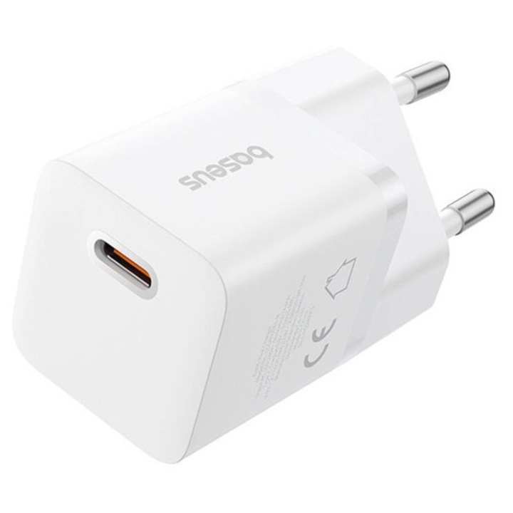 Baseus gan5 mini 1c hálózati töltő type-c aljzat, 25w, pd gyorstöltő, gan, fehér