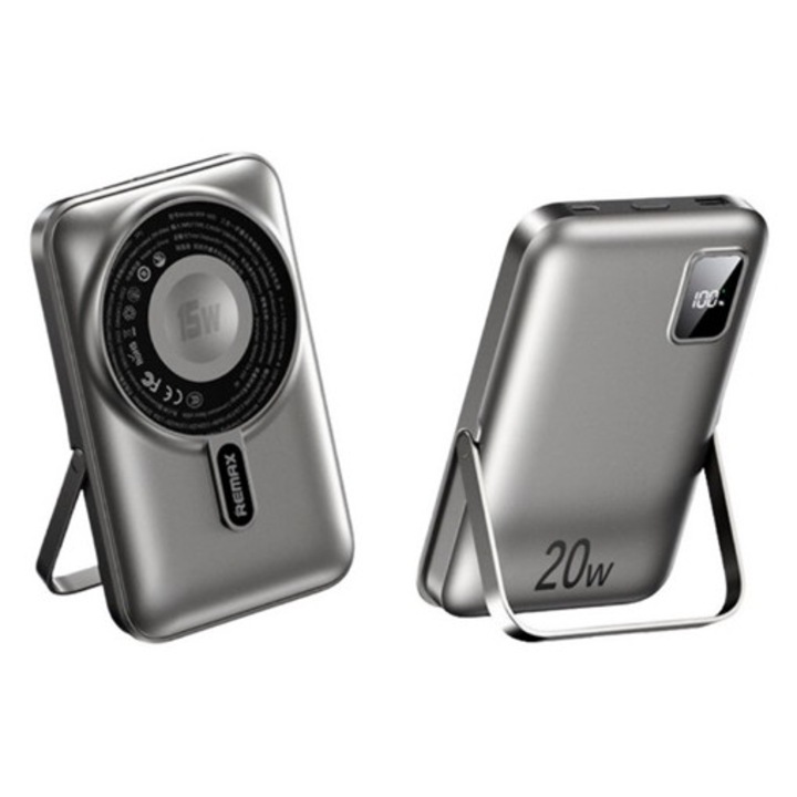 Remax vésztöltő usb+type-c aljzat, 10000mah, 15w, wireless, magsafe, kitámasztó + fix type-c - lightning kábel, szürke
