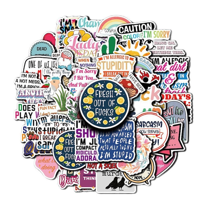 Set de 50 stickere decorative Amigo, waterproof, dimensiuni 4-8cm, design sarcastic