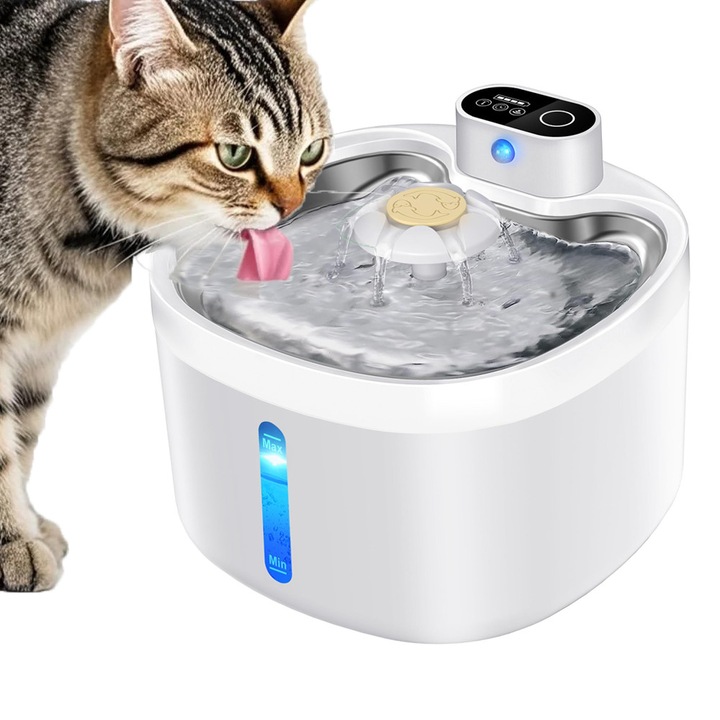 Автоматичен диспенсър за вода с фонтан за котки и кучета Dussdote, безжичен, неръждаема стомана 304, сензор за движение, 3 режима на фонтан, 4000mAh, прозорче за нивото на водата, 2.6 л, 2 крана, безшумен, бял, за кучета и други домашни любимци