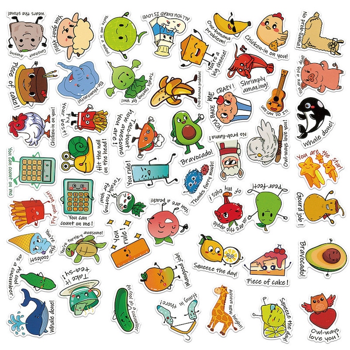 Set 50 Stickere Amigo, Waterproof, Multicolor, 4-8cm