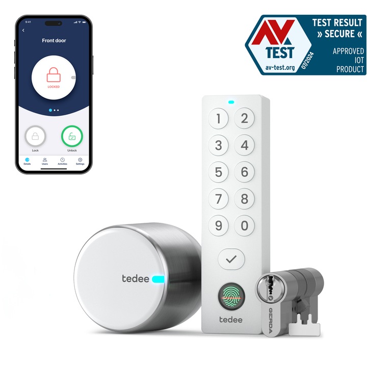 Yala inteligenta Tedee GO2 cu tastatura biometrica alba, cilindru Euro 30-61 mm/37-68 mm, aplicatie si Bluetooth, argintiU