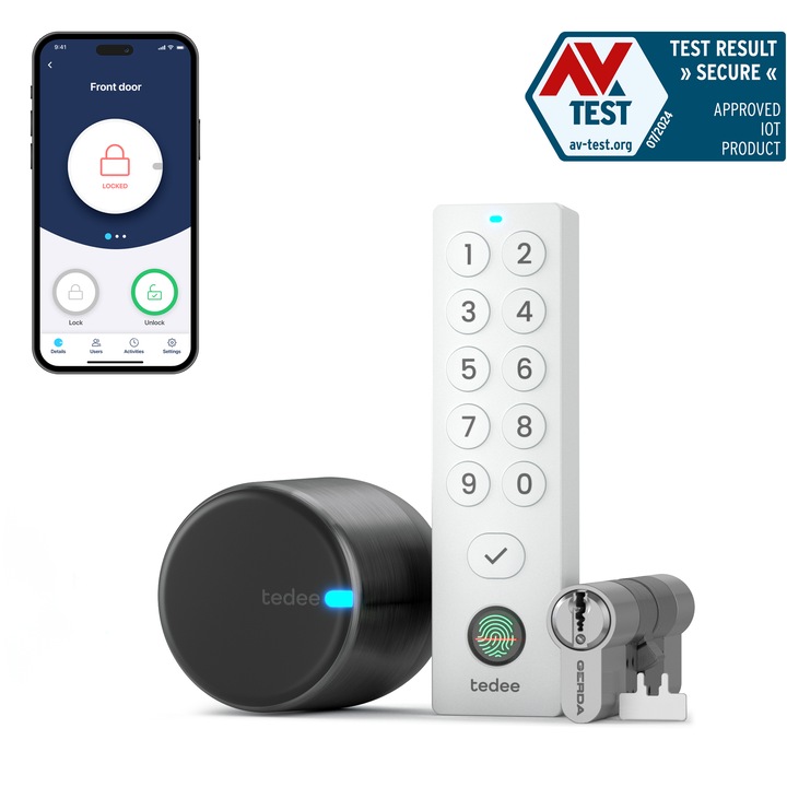 Yala inteligenta Tedee GO2 cu tastatura biometrica alba, cilindru Euro 30-61 mm/37-68 mm, control prin aplicatie si Bluetooth, neagra