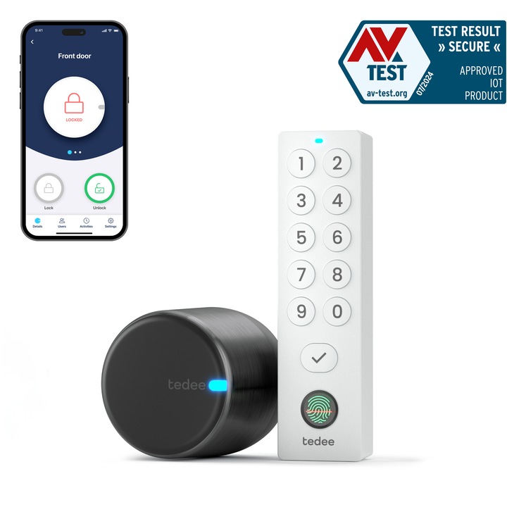 Yala inteligentă Tedee GO2, tastatură biometrică, control aplicație/Bluetooth, deblocare automată, neagră