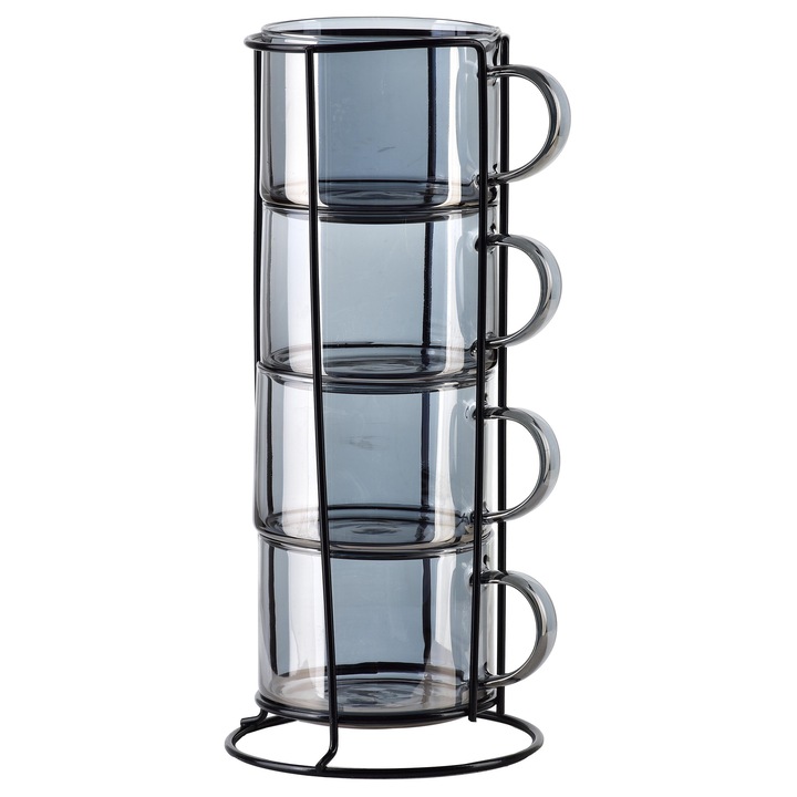 Set 4 cani Mondex PETER, 350ml, sticla borosilicata, suport metalic, 12,5x12,5xh27cm