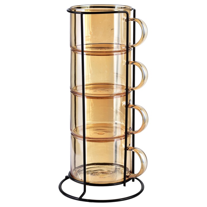 Set 4 cani Mondex cu suport, 350ml, sticla borosilicata, 12,5x12,5x27cm