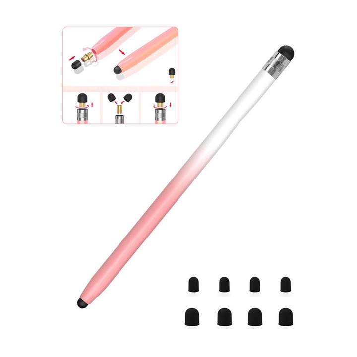 Stylus Pen Dublu, Set cu 8 Varfuri Inlocuibile, Pentru Tablete si Telefoane, Sensibilitate Ridicata, Fara Lag, Gradient Roz
