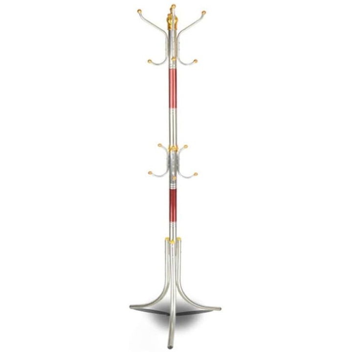 Cuier vertical 12 agatatori, suport umbrele si palarii, 172x49cm, argintiu/rosu, inox