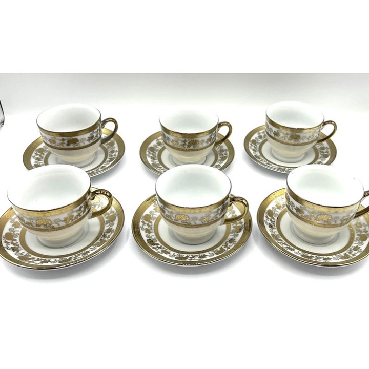 Set Cesti si Farfurii, Ceramica, Model Vintage cu Detalii Aurii, 150ml, Alb-Auriu