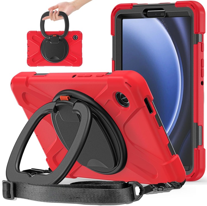 Husa pentru tableta Samsung Galaxy Tab A9 8.7" 2023, protectie robusta, suport rotativ 360°, curea de umar, neagra