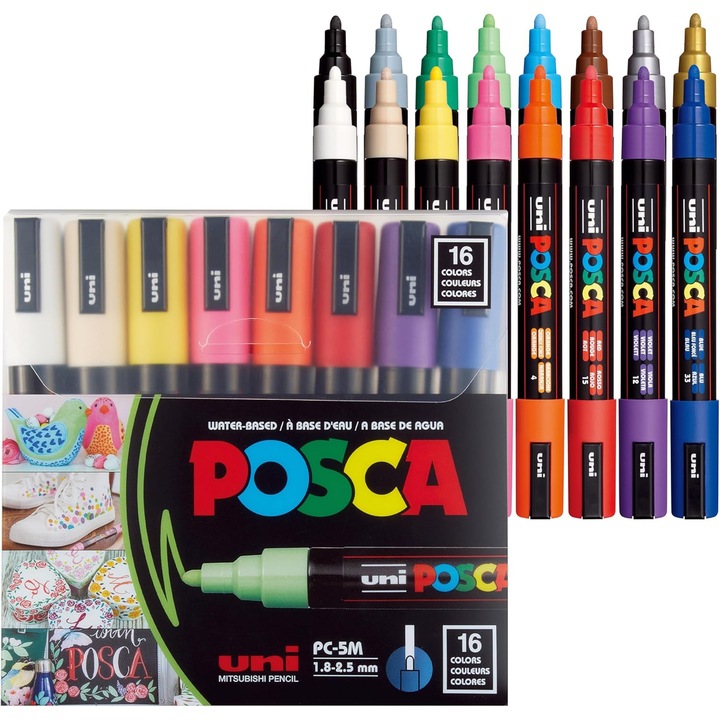 Комплект от 16 маркера Posca PC-5M, стандартни цветове, среден връх 1.8 мм-2.5 мм, многоцветни
