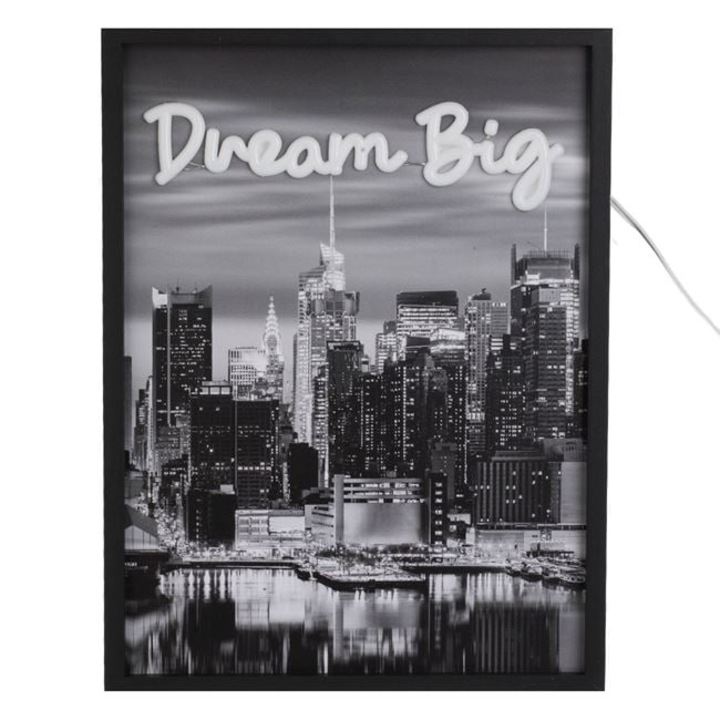 Tablou cu LED Neon „Dream Big”, Model New York, 30x40 cm, cu Rama din Lemn si Cablu USB 180 cm – Decor Modern Iluminat pentru Camera sau Birou