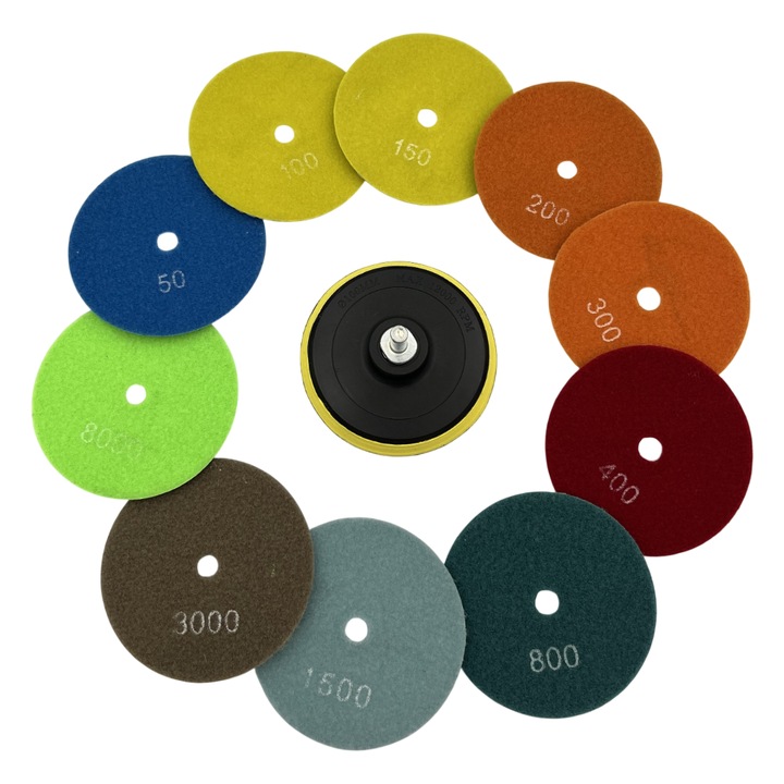 Set 10 dischete diamantate, paduri cu diametrul de 10 cm pentru slefuire granit, marmura, include suport prindere si adaptor mandrina