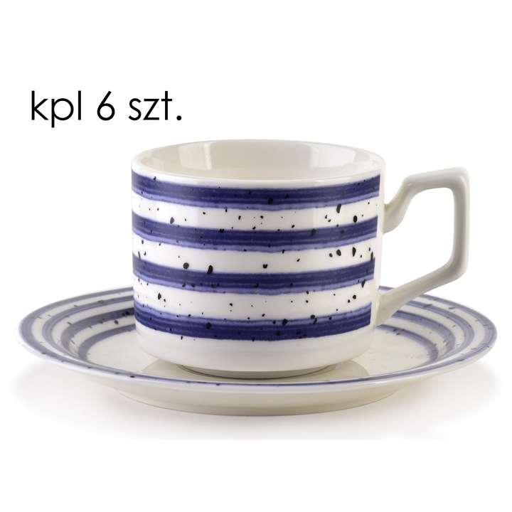 Set 6 cesti cu farfurioare JOY, Affekdesign, portelan, dungi, albastru, 210ml, 8x7x6,5cm