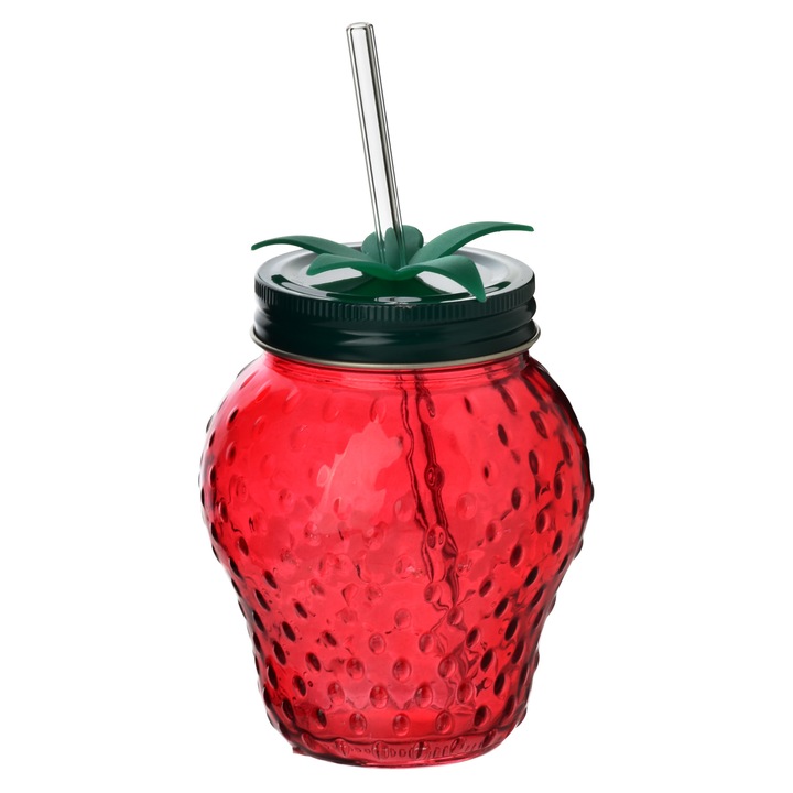 Pahar sticla Allesken Modern Kitchen, 450ml, capsuna, cu pai, 6,5x9,5x12,5cm