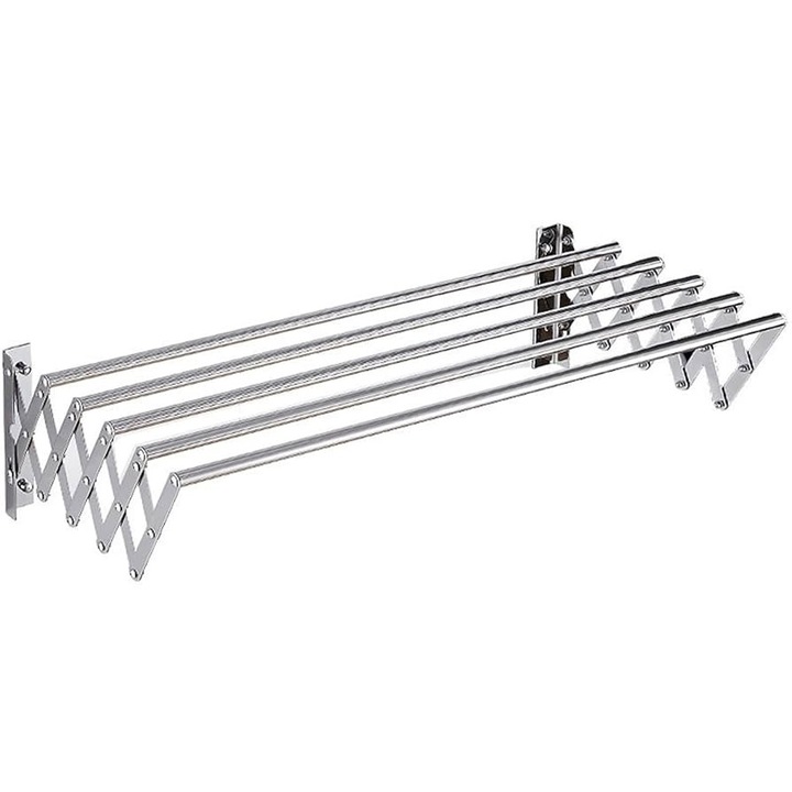 Kihúzható törölközőtartó, szárítógéphez is alkalmas, 5 rúddal, összecsukható, falra szerelhető, teherbírás 50 kg, ideális fürdőszobába/erkélyre, 70 cm, rozsdamentes acél