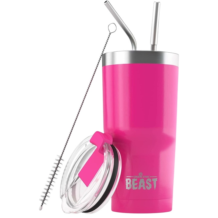 Termos din Otel Inoxidabil – 2 Paie Incluse + Perie de Curatare + Capac Etans, Izolare Termica Superioara, 550 ml, Roz Aprins