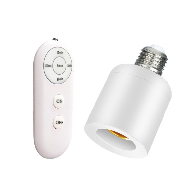 Комплект конектор E27 с дистанционно управление, 5 предварителни настройки на таймера, бял