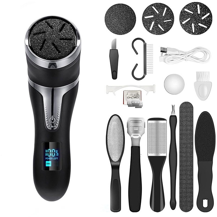 Pila Electrica Pentru Talpi si Calcaie, Garsonal®, Indepartare Piele Moarta si Calus, 3 Role Interschimbabile, 2 Viteze 2200 Rot/min, IPX7, Incarcare USB, 2 ore de autonomie, Pedichiura, Negru