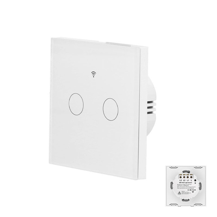 Intrerupator inteligent, Garsonal®, WiFi+RF433, control vocal, 300W, 8.5x8.5x3.6cm, Alb