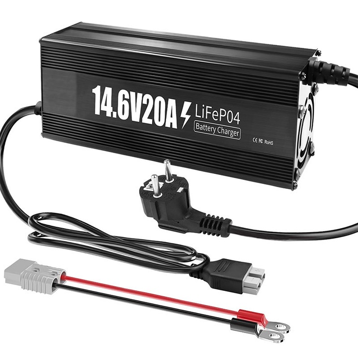 Incarcator de baterie cu litiu, Garsonal®, 14.6V, 20A, Pentru LiFePO4, 21.5 x 8.7 x 6.5 cm, Negru