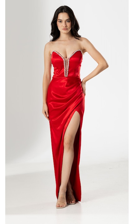 Rochie lunga de seara, ELEONORE, cu bust tip corset, cu aplicatii stralucitoare si despicatura adanca, 38