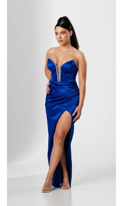 Rochie lunga de seara, ELEONORE, cu bust tip corset, cu aplicatii stralucitoare si despicatura adanca, 40