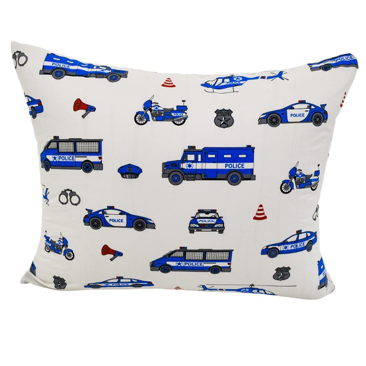 Калъфка за възглавница за деца, Deep Sleep, Police, 40 см x 60 см, Естествен памук, Цип, Двоен принт, Сертифициран по Oeko-Tex Standard 100, Бяла