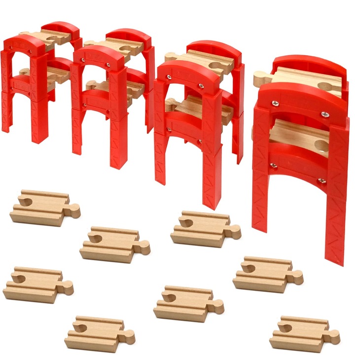 Set de jucarie trenulete, 16 elemente, pod din lemn, import, 8x suporturi, 8x sine, 2"