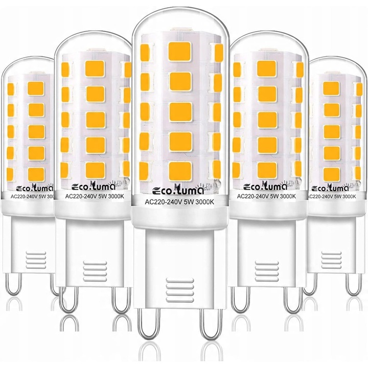Becuri LED G9, set 5 bucati, 3000 K, 420 lm, dimensiune 0,61"x5,5"