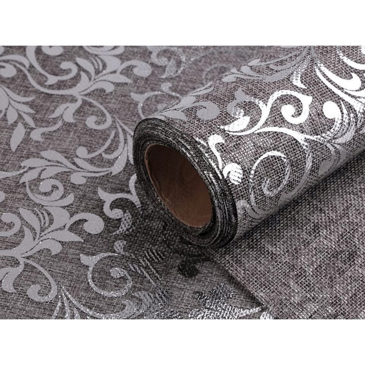 Imitatie jute, Kufer, 24cm, ornamente gri-silver, 4.5m