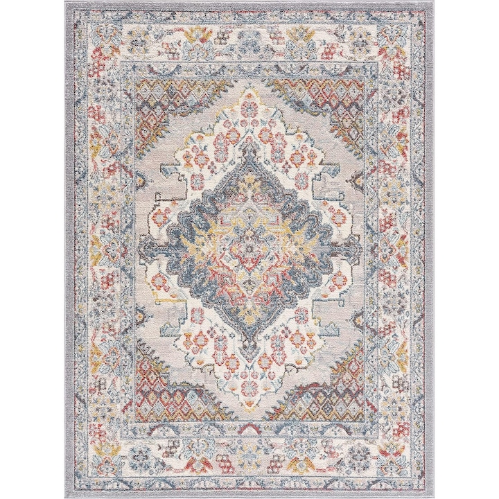 Covor traditional antiderapant lavabil, gri/alb, 120x170cm, din poliester, rezistent la pete