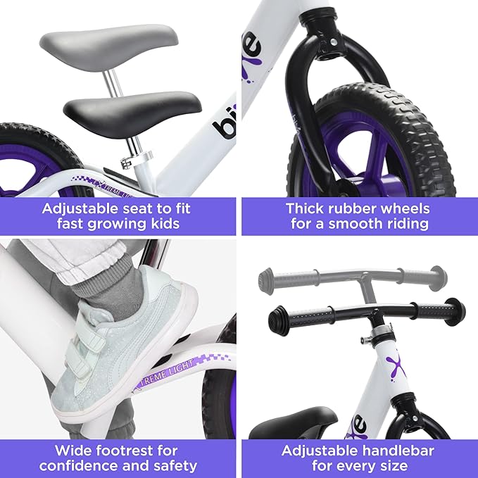 Bicicleta fara pedale Bixe, 12 inch, aluminiu, alb/mov, 2-5 ani
