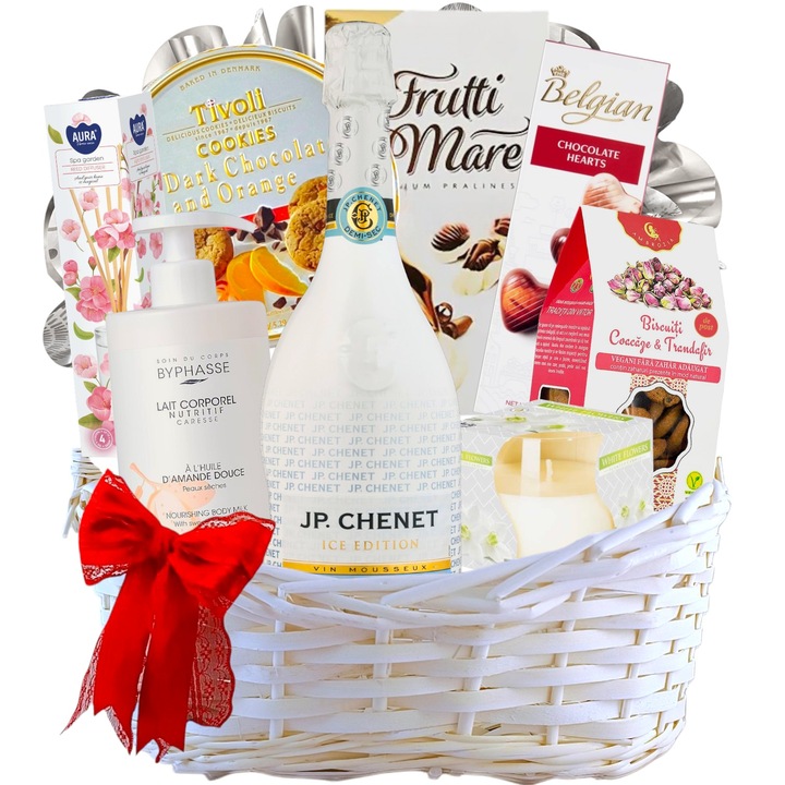 Cos Cadou White Selection pentru Femei – Set Elegant cu Vin Spumant Frantuzesc – Specialitati din Ciocolata – Fursecuri Daneze – Lotiune de Corp – Difuzor de Parfum – Lumanare Parfumata – Cadou Craciun – Aniversare – 8 Martie – by CADOURI RAFINATE®