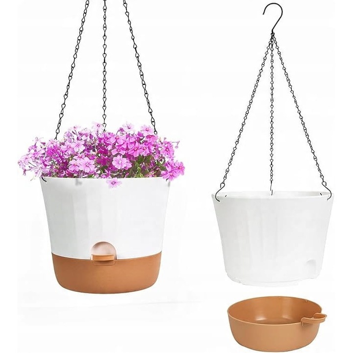 Set 2 ghivece autoirigante, 21x25,5cm, alb, cu drenaj eficient