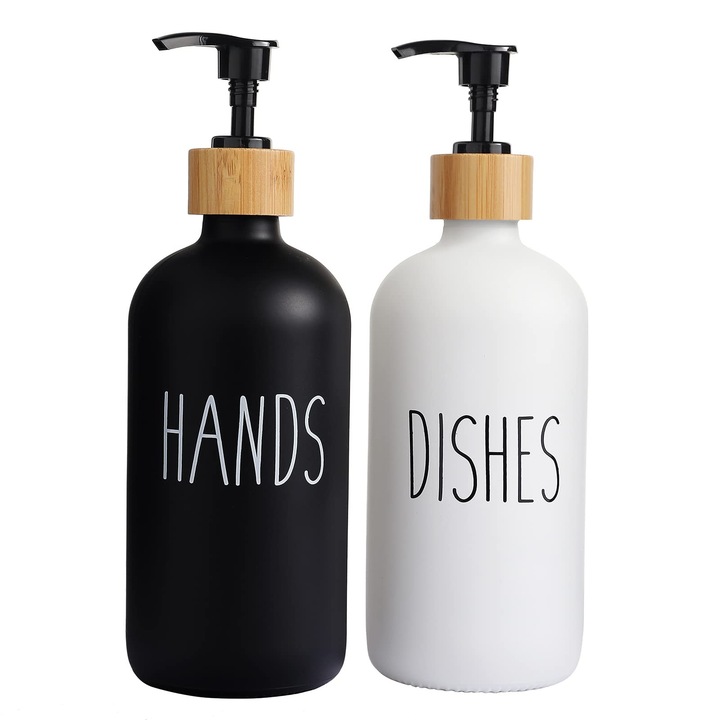 Szappanadagoló készlet, Kufer, 480ml, matt fekete, bambusz állványon (2 db)
