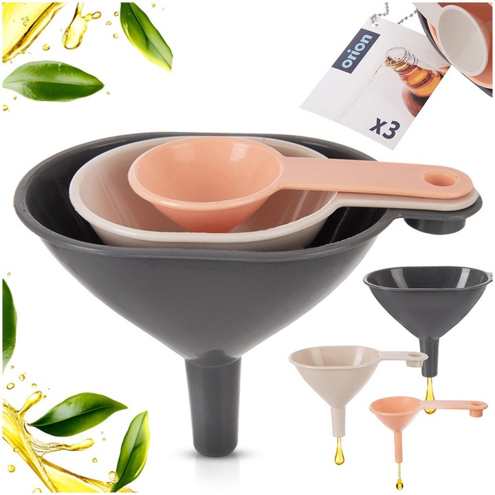 3 db-os tölcsérkészlet, Orion, 8,5X4 / 10X5,5 / 11,5X7 cm, műanyag, kényelmes fogantyú, többszínű, mosogatógépben mosható, univerzális használatra