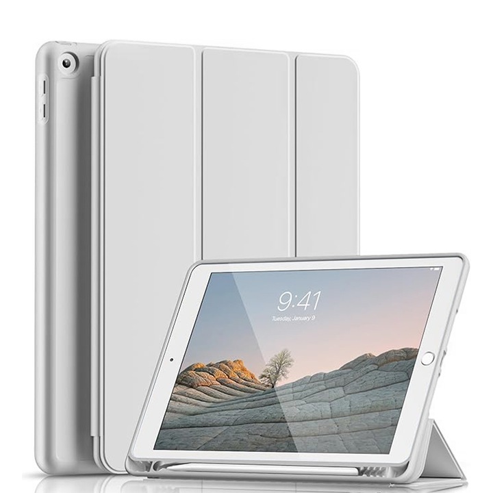 AYSTOAYS® tablettok, Kompatibilis iPad 9. generációs 10.2''-vel, 9./8./7. generációval, ébresztés/alvás funkció, tolltartóval, háromrészes összecsukható okos tok, Világosszürke