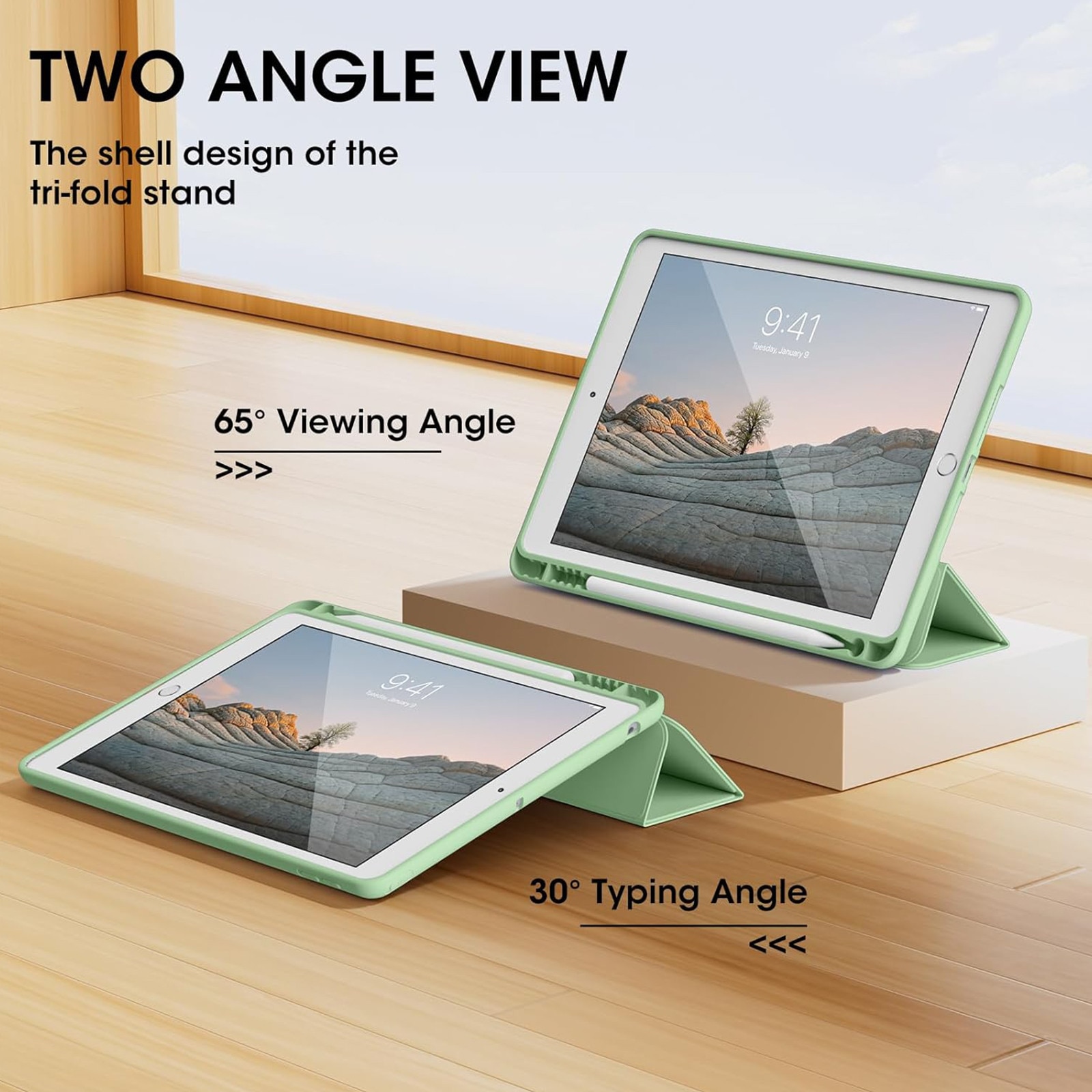 Husa tableta AYSTOAYS®, Compatibil cu iPad 9th 10.2'', 9th/8th/7th, functie de trezire/dormire, u suport pentru stilou, husa inteligenta cu suport pliabil in trei, Verde deschis