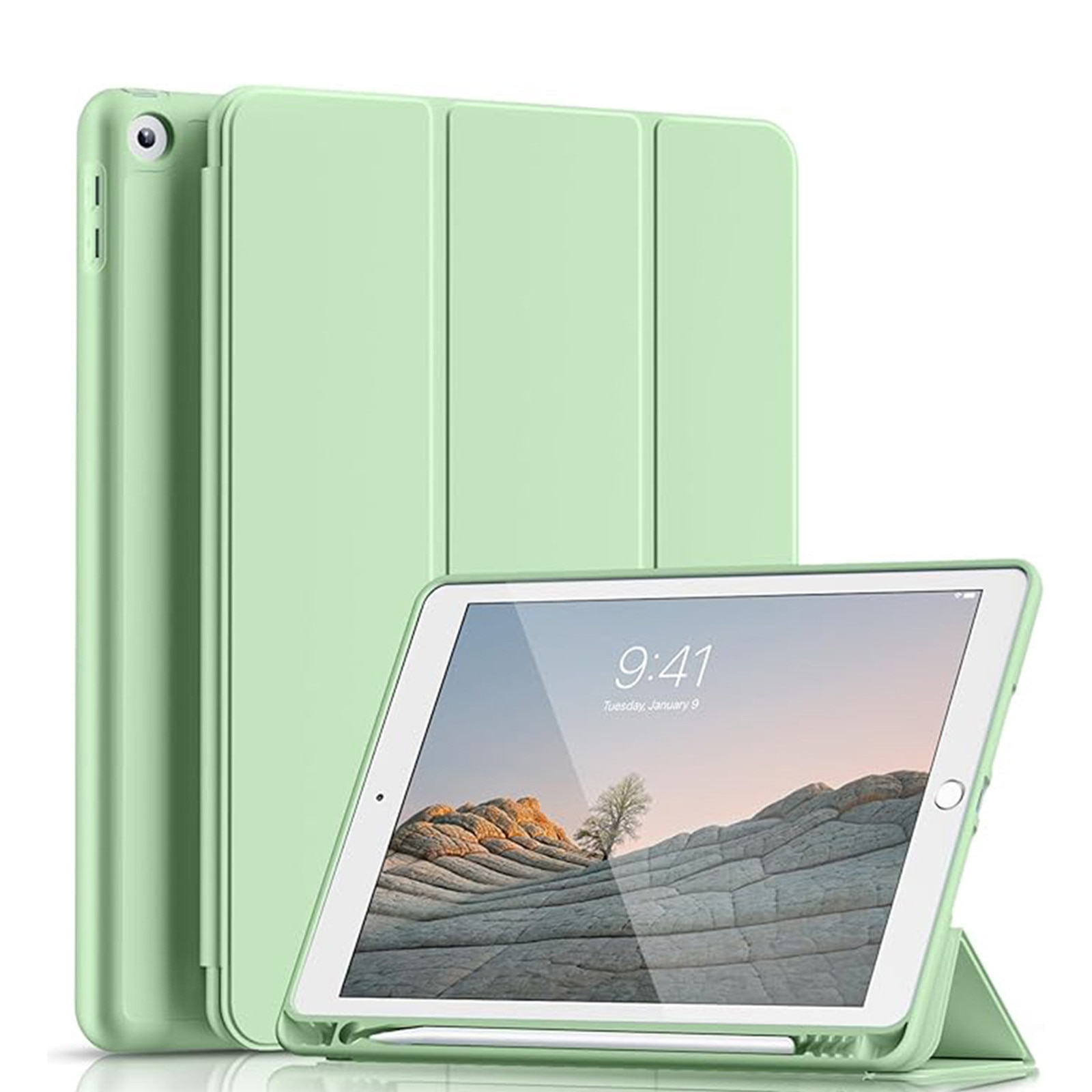 Husa tableta AYSTOAYS®, Compatibil cu iPad 9th 10.2'', 9th/8th/7th, functie de trezire/dormire, u suport pentru stilou, husa inteligenta cu suport pliabil in trei, Verde deschis