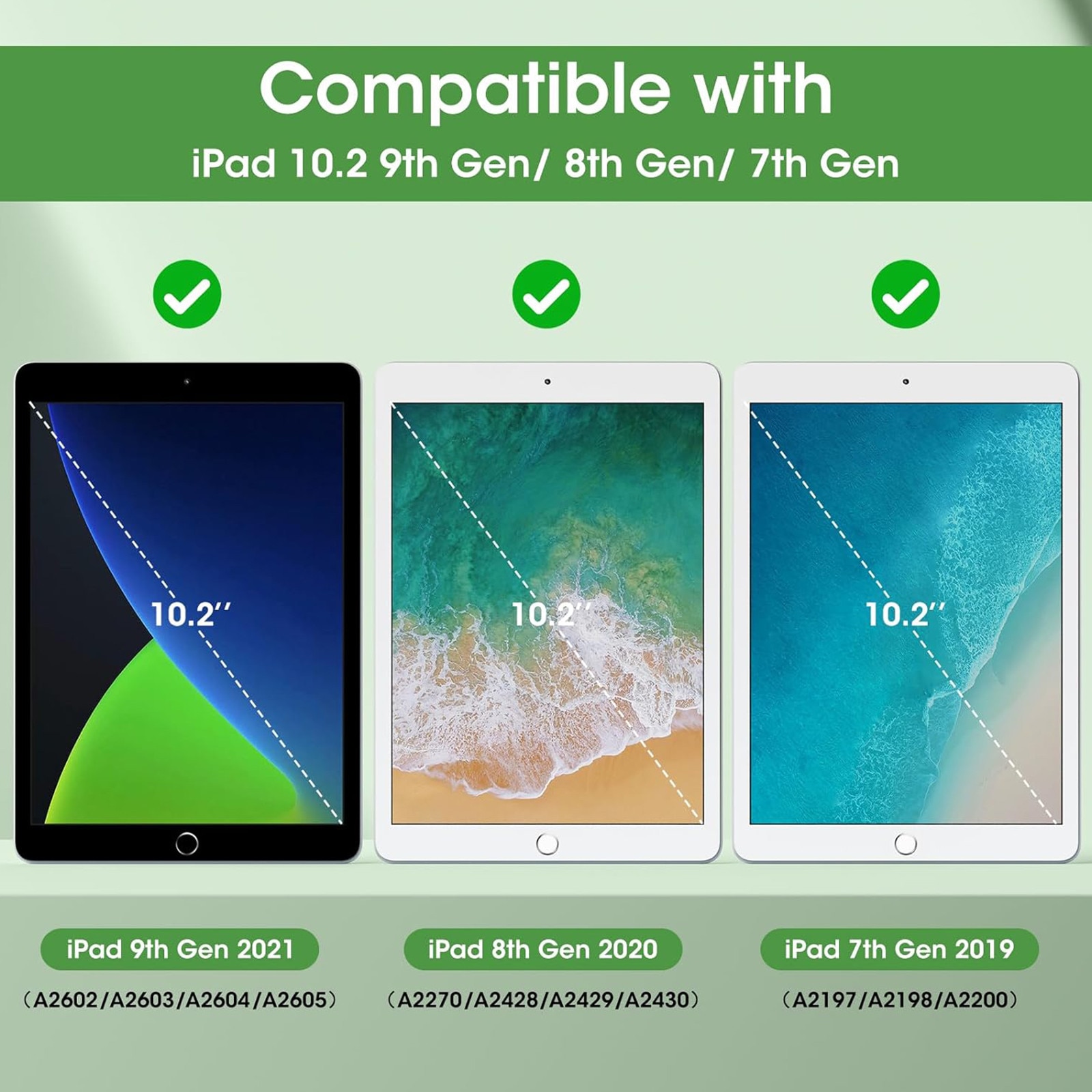 Husa tableta AYSTOAYS®, Compatibil cu iPad 9th 10.2'', 9th/8th/7th, functie de trezire/dormire, u suport pentru stilou, husa inteligenta cu suport pliabil in trei, Verde deschis