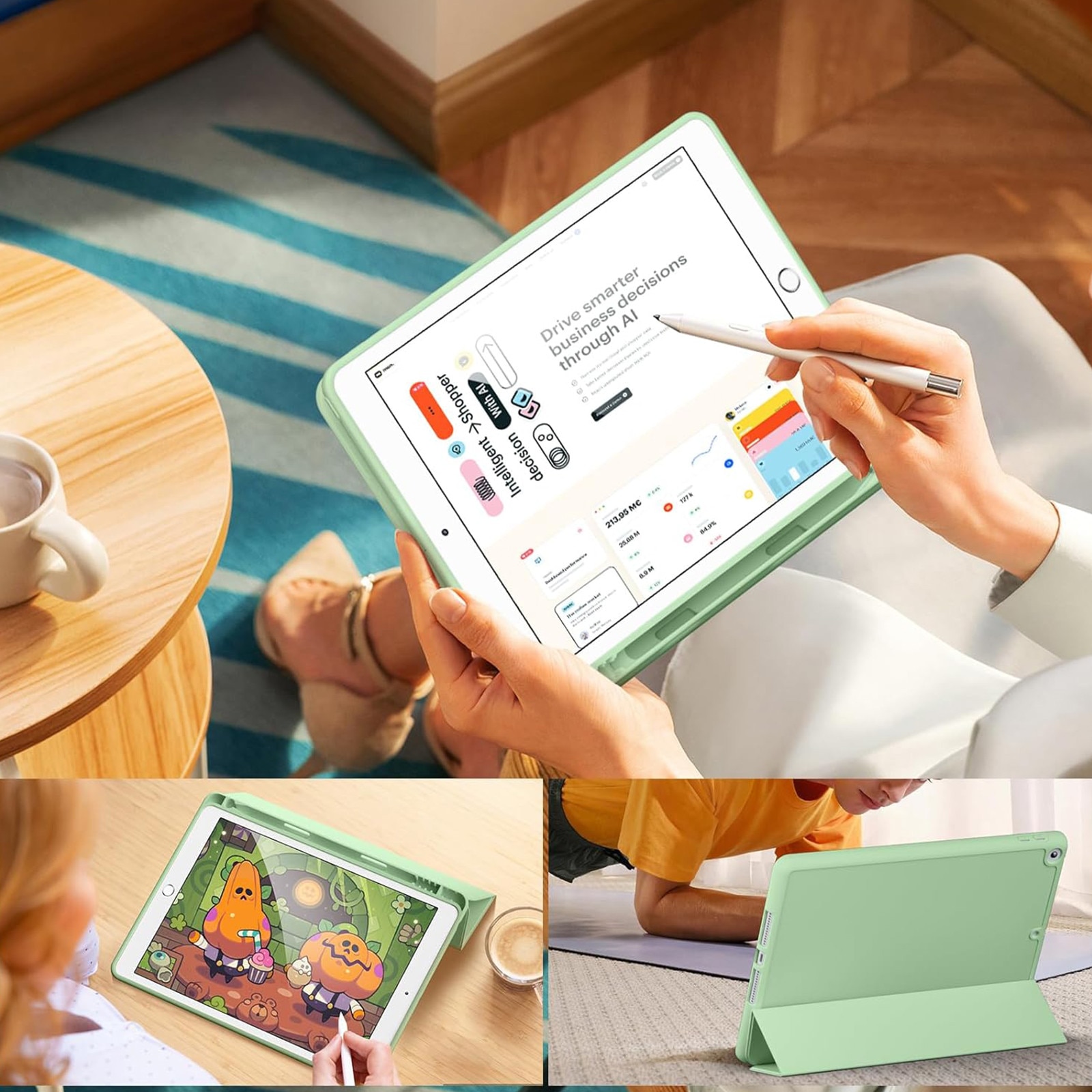Husa tableta AYSTOAYS®, Compatibil cu iPad 9th 10.2'', 9th/8th/7th, functie de trezire/dormire, u suport pentru stilou, husa inteligenta cu suport pliabil in trei, Verde deschis