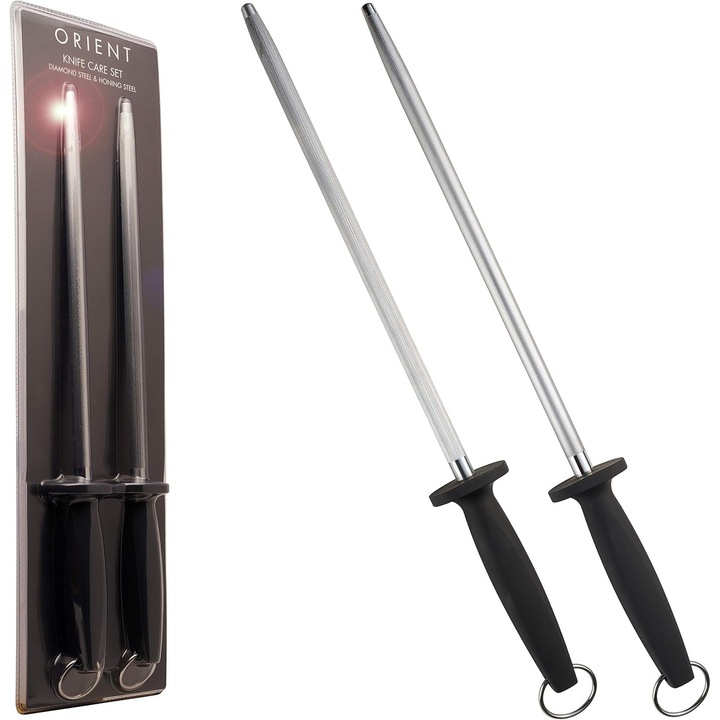 Set profesional de ascutit cutite, Orient, Otel Carbon, 2 piese, pila diamantata 12", pila de intretinere 12", maner Ergo Grip, 30 cm, Negru