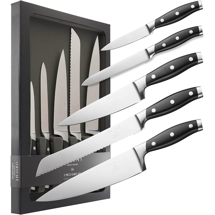 Комплект кухненски ножове Orient, серия Origin, 5 части, от немска неръждаема стомана X50 Ultra +, черен