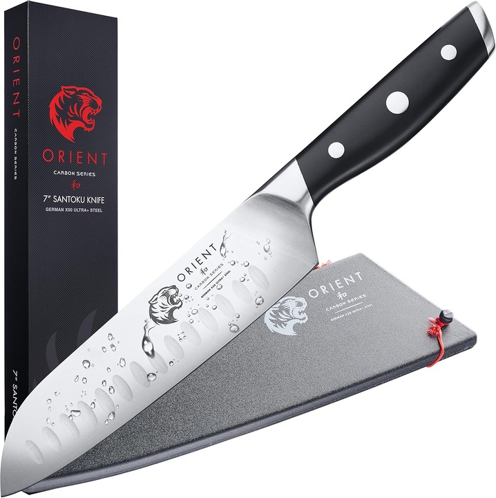 Santoku konyhakés, Orient, Carbon Series, német rozsdamentes acélból, X50 Ultra +, fekete