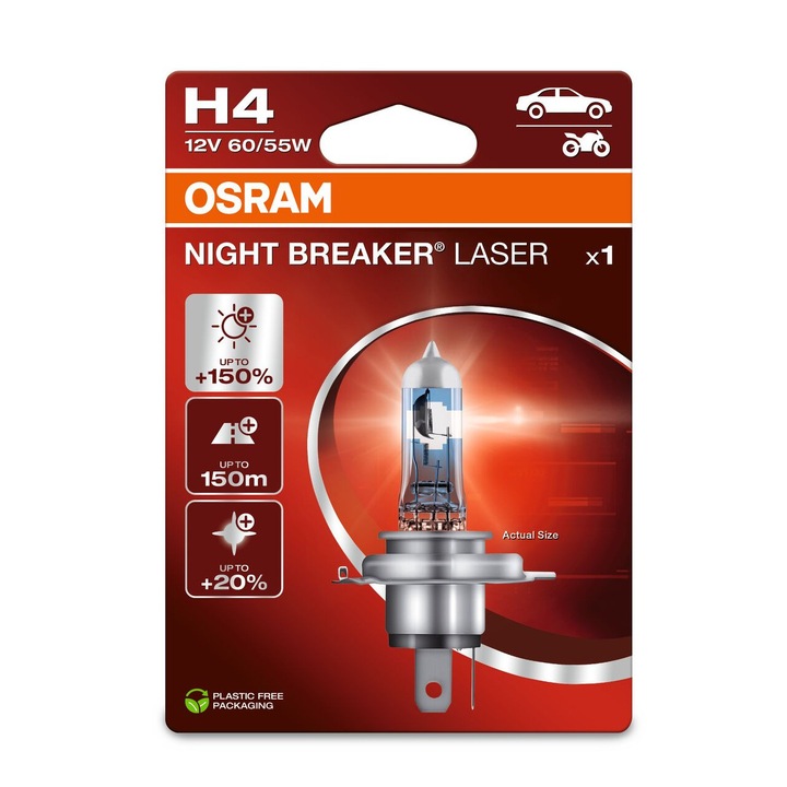 Bec Osram, H4, Night Breaker Laser, pana la 150% 55W, 12V, Pentru masina si motocicleta