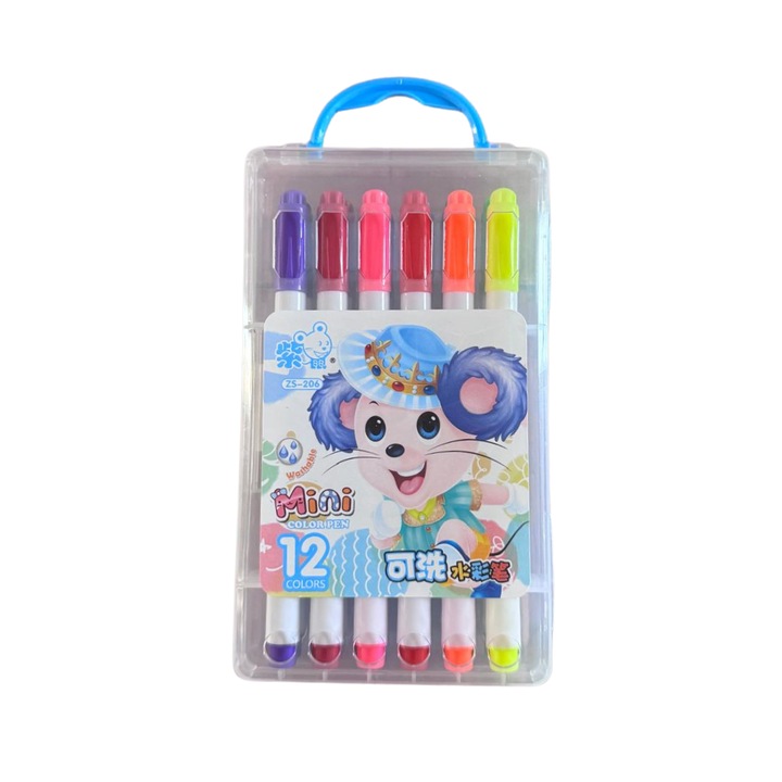 Set 12 carioci cu varf pensula in cutie de plastic