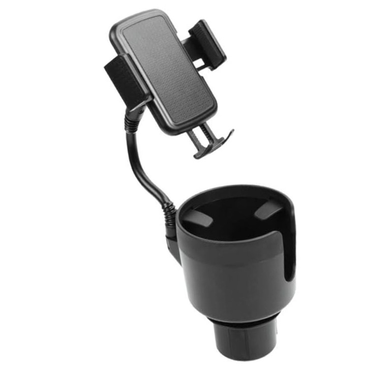 Suport auto de telefon si bauturi 2 in 1, baza reglabila, brat flexibil, stabilitate ridicata pentru a nu varsa lichide, din ABS, Negru, Montare si demontare rapida, Anti-vibratie, anti-shake, Usor de curatat si intretinut