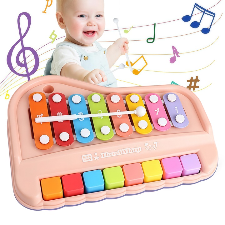 Музикална играчка за деца, Wacorresi, 2 в 1 интерактивно пиано и ксилофон музикален инструмент, образователна играчка музикални инструменти, 20x16x5 см, розова