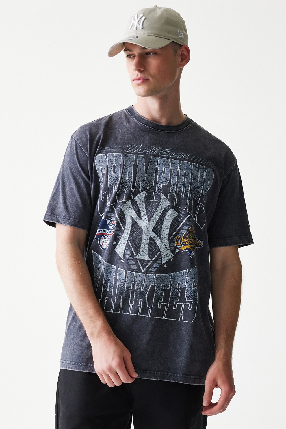 New Era, Tricou din bumbac New York Yankees, Albastru inchis melange, Alb murdar, S